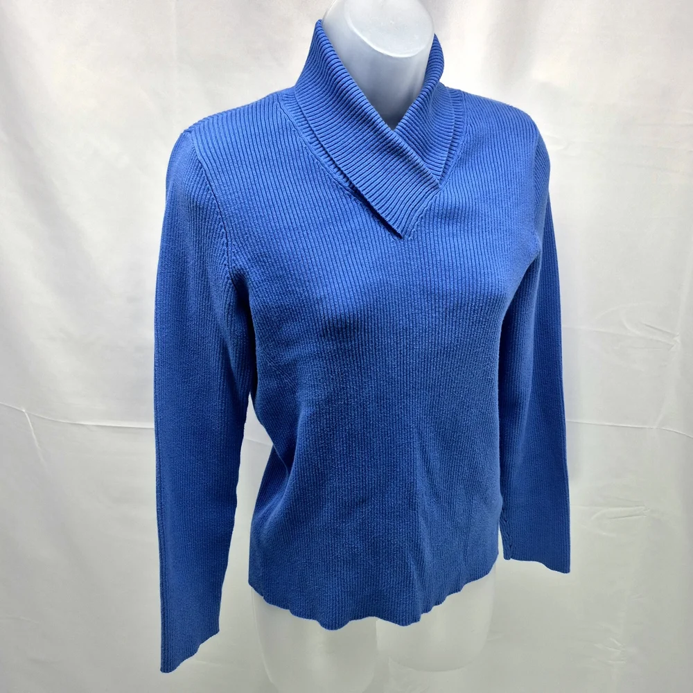 Jones New York Signature Blue Ribbed Shawl Cowl Neck Sweater Woman's Large - Picture 4 of 10